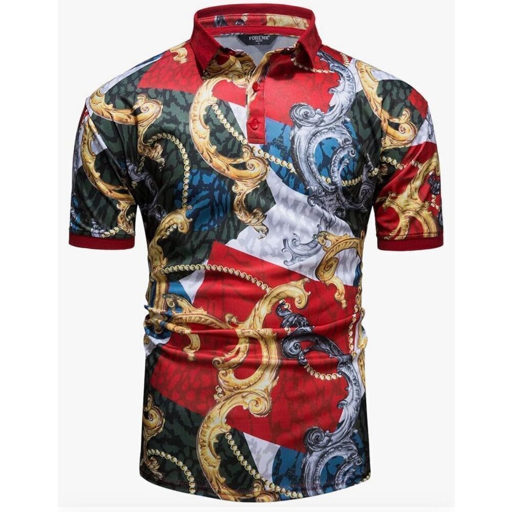 NEW Mens Luxury Polo Short Sleeve Baroque Chain Print Shirt XL